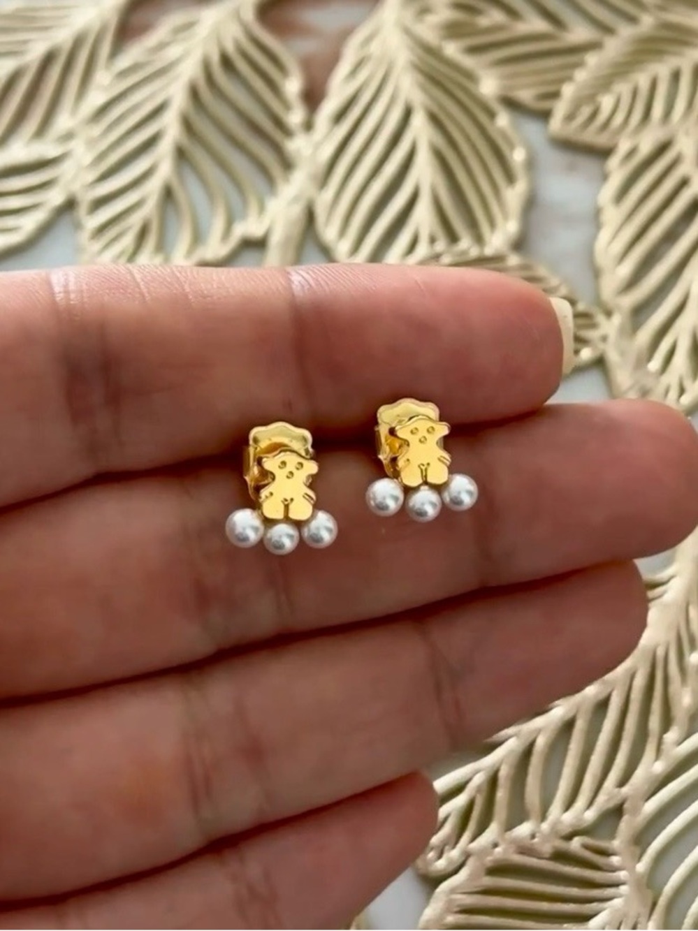 Tous Vermeil Gold Teddy Bear Earrings with White Pearls